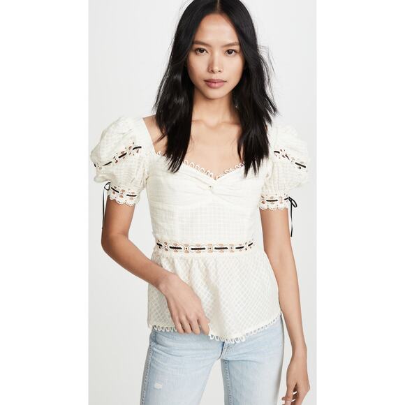 Rahi White Marbella Blossom Puff Sleeve Eyelet Trim Sweetheart Top - Picture 1 of 12